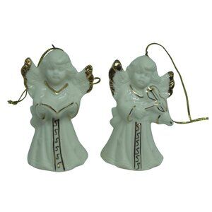 Angel Bell Ornaments 3" lot 2 Giftco White Gold porcelain book violin Christmas